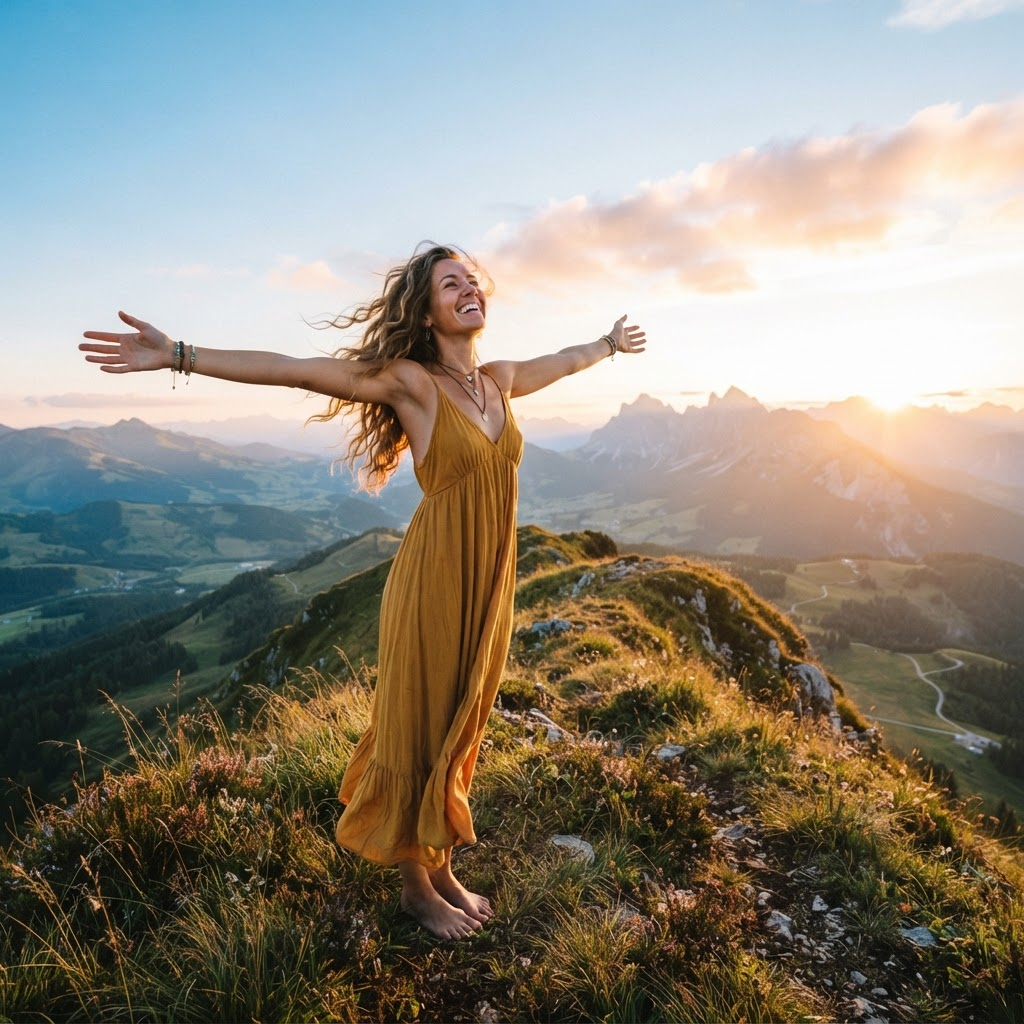A person standing with open arms at sunrise, feeling free and empowered